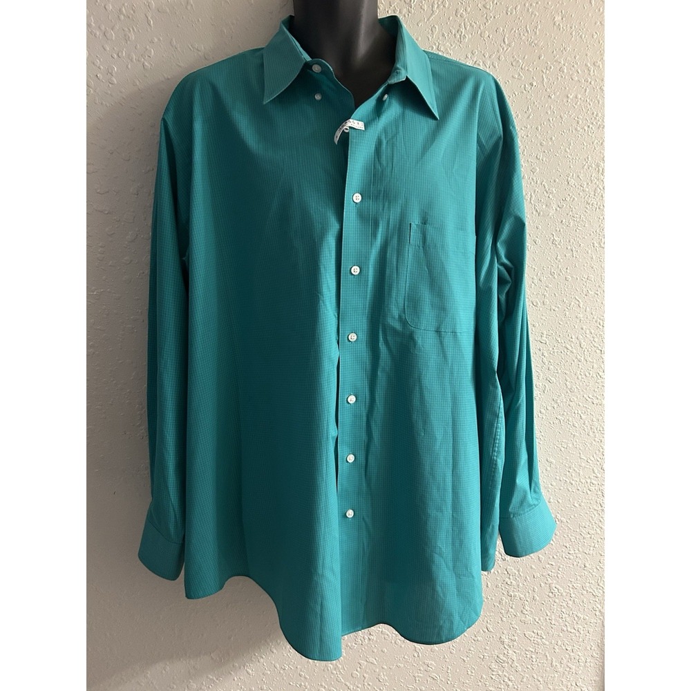 Sz 19 (34/35) IZOD Dry Cleaned Big Fit Button Down Shirt Green Check #394*15